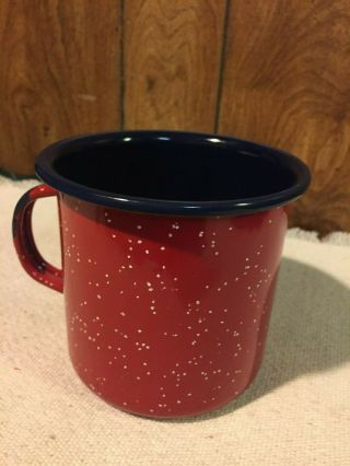 Vintage Red Spotted White Blue Trim Enamelware Enamel Coffee Cup Mug Home Decor