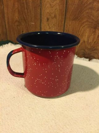 Vintage Red Spotted White Blue Trim Enamelware Enamel Coffee Cup Mug Home Decor 2