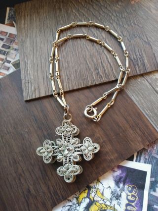 Vintage 2 Sided Filigree Cross Pendant Germany Chain Signed