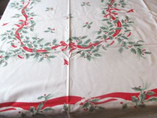 Vtg.  Christmas Table Cloth Oblong Holly Berries Ribbon 60 " X 65 " Cotton