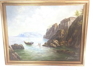 Vintage Oil Painting Of Coastline Fishing Scene Signed & Framed;