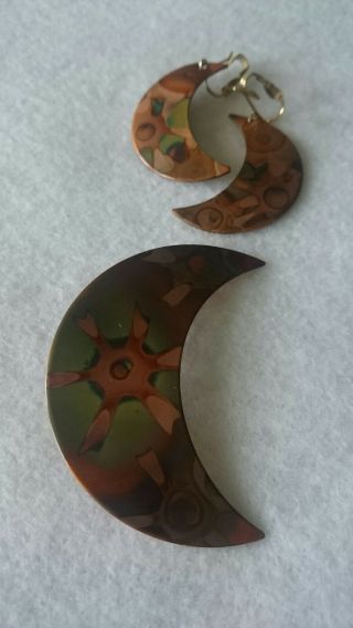 Vintage Copper Half Moon Pin Clip - On Earrings Set