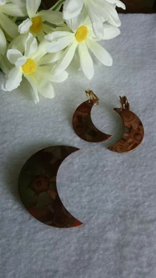 Vintage Copper Half Moon Pin Clip - on Earrings Set 2