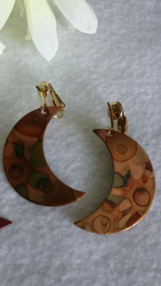 Vintage Copper Half Moon Pin Clip - on Earrings Set 3