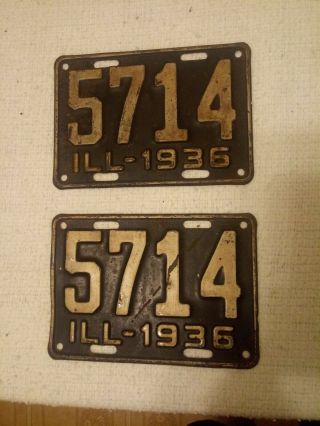 Pair 2 Vintage Matching Illinois 1936 Shorty License Plates Ford Chevy Dodge Car