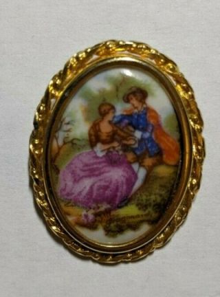 Vintage Limoges France Hand Painted Porcelain Courting Couple Pin Brooch