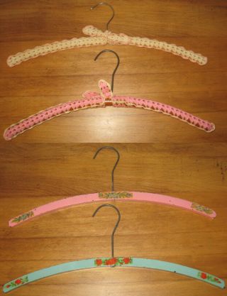 4 Vintage Wood Hangers – 2 Painted W/ Decorations,  2 W/ Crochet Covers