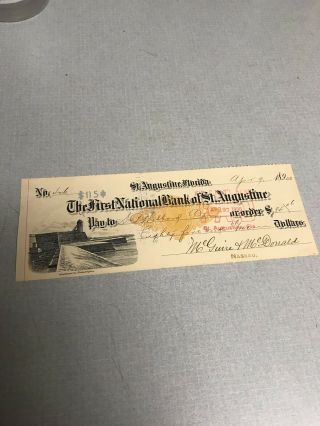 Vintage The First National Of Bank Of St Augustine Fla 1900 Bank Check Florida