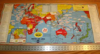 Vintage United Airlines World War Ii Military Events - Large 3 Ft.  Wall Map 1945