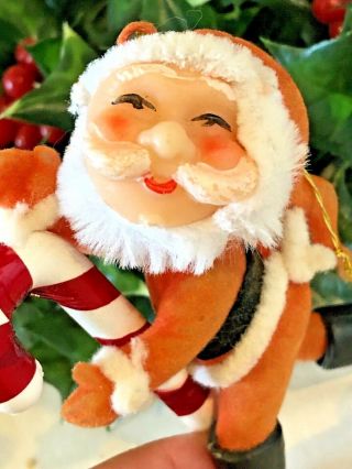 Vintage FLOCKED Running SANTA with CANDY CANE Christmas Ornament JAPAN Chenille 2