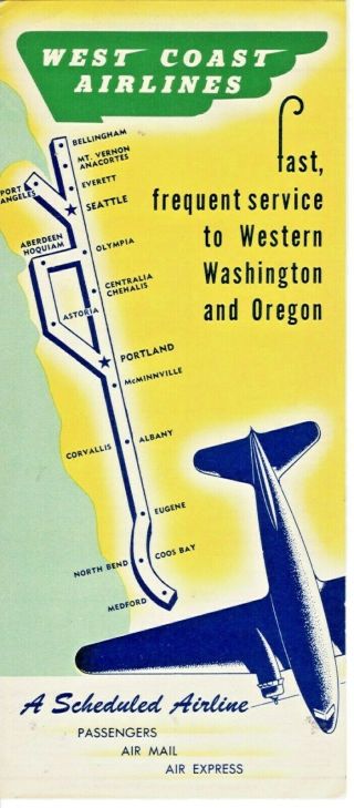West Coast Airlines Timetable Schedule 1956 Dc - 3 Northwest