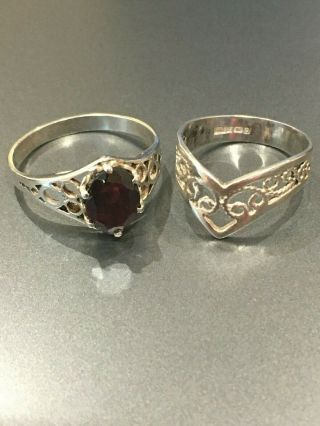2 X Vintage 925 Sterling Silver Rings One With Garnet Stone Sizes F 1/2 & K
