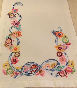 Vintage White Linen Floral “hand - Embroidered” Table Runner - 36” X 13”