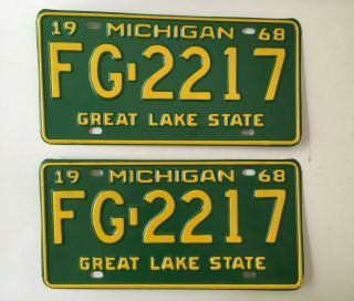 1968 Michigan License Plate Pair Plates Mint/new Old Stock Nos