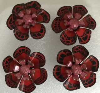 Vintage Metal & Plastic Flower Tie Back Curtain Push Pins 4 Matching Red 2”