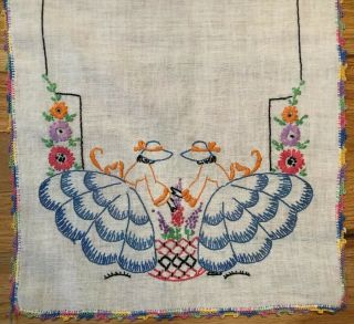 Vintage Linen Table Runner Dresser Scarf Embroidered With Women & Flowers 13x38