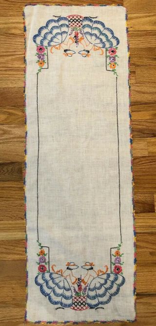 Vintage Linen Table Runner Dresser Scarf Embroidered With Women & Flowers 13x38 2
