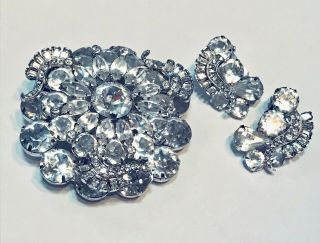 Huge Vintage Weiss Rhinestones Brooch & Earrings Set Signed