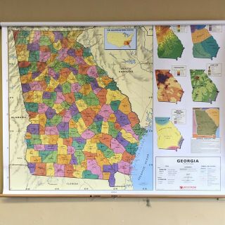 Vintage Georgia State School Nystrom Wall Map Atlanta Peach Retractable 1ps100