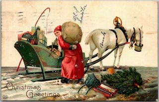 Vintage Christmas Postcard Santa Claus In Red Robe / Horse - Drawn Sleigh - 1911