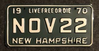 1970 Hampshire Vanity License Plate Nh 70 Nov22 November 22 Anniversary