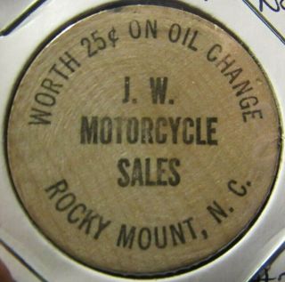 Vintage J.  W.  Motorcycle Sales Rocky Mount,  Nc Wooden Nickel - North Carolina 2