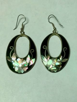 Vintage Pair Signed Alpaca Silver Mexico Abalone Shell Inlay Dangle Earrings