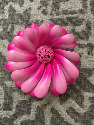 Vintage Hot Pink Enamel Flower Brooch Pin 3”