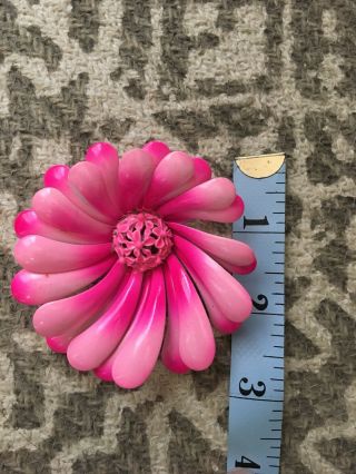 Vintage Hot Pink Enamel Flower Brooch Pin 3” 2