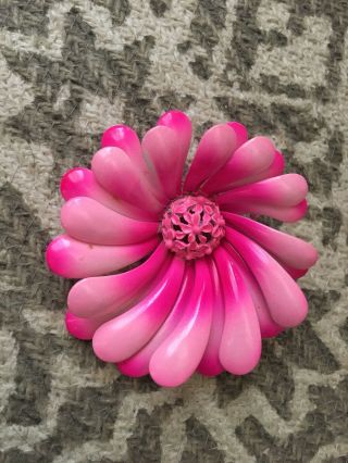 Vintage Hot Pink Enamel Flower Brooch Pin 3” 3
