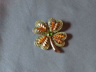 Vintage Jonette Jewelry Gold - Tone Metal Green Rhinestone Leaf Pin Brooch