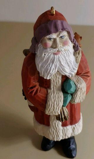 Vintage Resin Santa Claus W/ French Horn & Black Cat Christmas Ornament 5 " Red