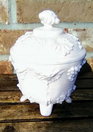 Vintage Light Pink Milk Glass Footed Candy Dish With Grape Design Euc