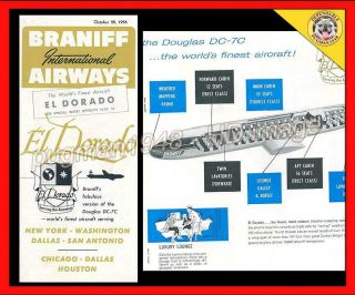 Braniff Airways 1956 Airline Timetable Schedule.  Douglas Dc - 7c Cutaway
