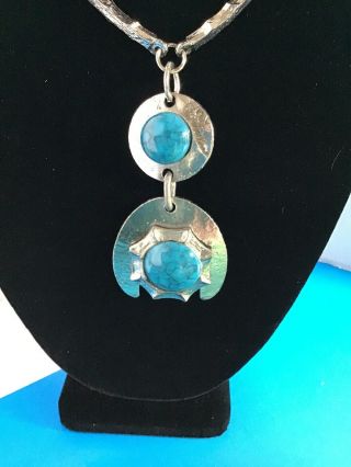 Vtg.  Women’s 70s Fashion Turquoise And Silver Tonestatement Chunky Necklace 11”