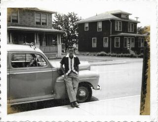 Vtg Photo Young Man Leaning On Car By House Smoking Smoke Cigar Chicopee Ma