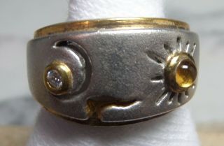 Vintage 925 Sterling Silver & Gold Plated Sun/moon Ring W/sm Stones 5.  75