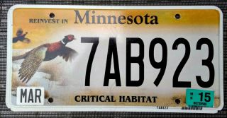 2015 Minnesota License Plate Tag 7ab923 Critical Habitat Pheasant