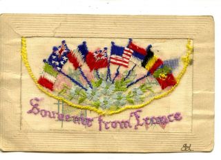 Wwi Embroidered Cloth Souvenir From France - Flags - W/ Insert Card - Vintage Postcard