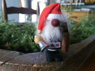 Vtg Swedish Tomte Santa Clause Folk Art Christmas Wooden Figurine Fur Bell Sack