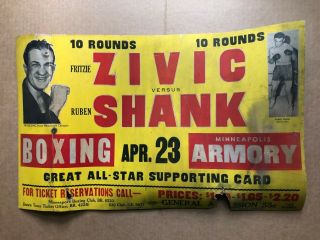 Orig 1942 Boxing Poster Fritzie Zivic Vs Ruben Shank Minneapolis Armory 22 X 14