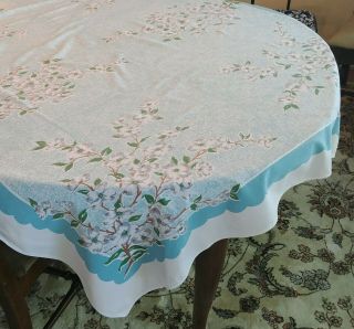 Vintage Blue Dogwood Floral Stamped Tablecloth 52 " X 60 "