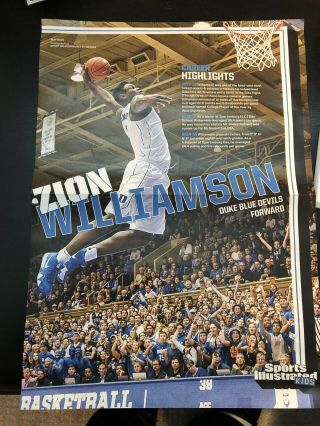 2019 Sports Illustrated Si Kids Basketball Poster Zion Williamson Duke Univ