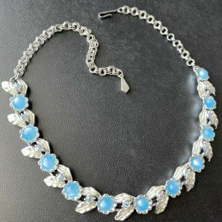 Signed Judy - Lee Vintage Blue Round Thermoset Ab Rhinestone Flower Necklace 547