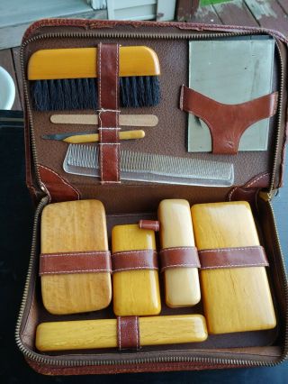 Vintage Mens Grooming Travel Kit Leather Toiletries Case