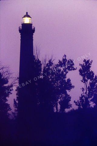 Vintage Old Photo Slide Of Lighthouse At Dusk Light Is On Sky Has Purple Hue