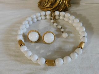 Vintage White,  Gold Beaded Choker Necklace And Clip On Earrings Set