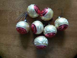 7 Vintage Small Red And Gold Glass Ornaments,  Etched With Snow