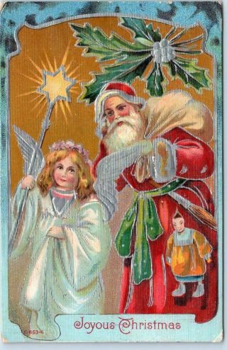Vintage Christmas Postcard Santa Claus W/ Angel Girl X - 653 - 4 - 1908 Cancel