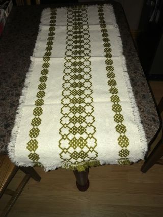 2 Vintage Green Geo Wool Cotton Woven Kitchen Dining Table Runners Farmhouse